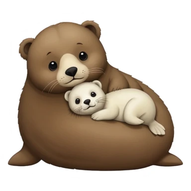 tiny white seal laying on a big brown bear’s belly sticker