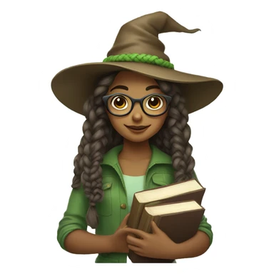 A girl with a braided hairstyle, wearing a brown witch's hat and round glasses. She is holding books in her hands. Her hair is in light green shades sticker