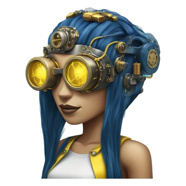 Dark blue long hair female cyborg head with yellow steampunk goggles and circuits sticker