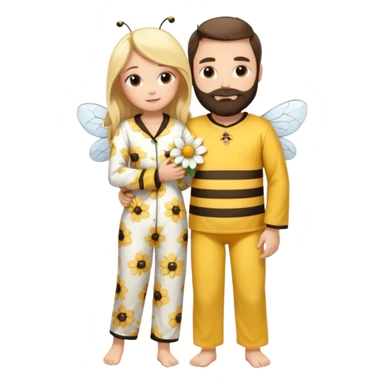 Grown up man with brown eyes, long dark brown long, white skin, medium beard, full body in cute bee pijama hugging a woman with blonde hair, white skin, dressed as a flower  sticker