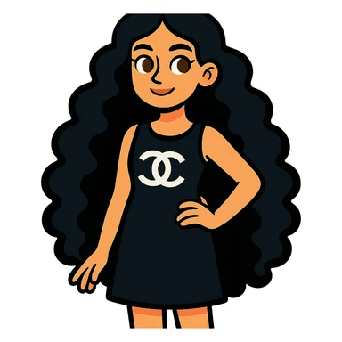 light skin girl with black very long curly hair, brown eyes, black Chanel dress, vibrant toon style sticker