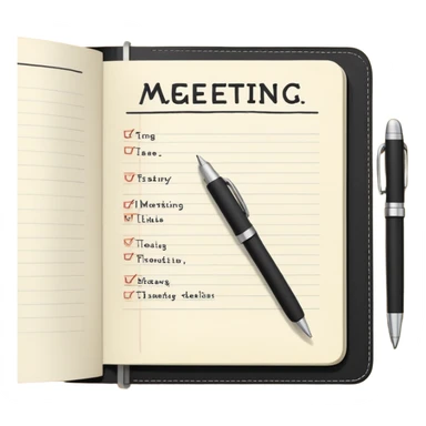 A classic black Moleskine notebook open to show an agenda page with meeting items and bullet points sticker