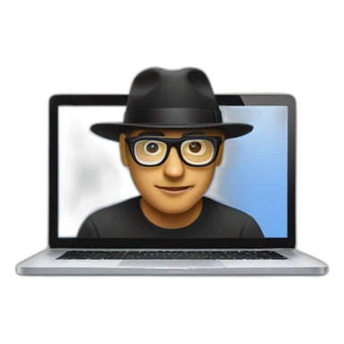 programmer emoji with macbook laptop using glasses and wearing black hat sticker