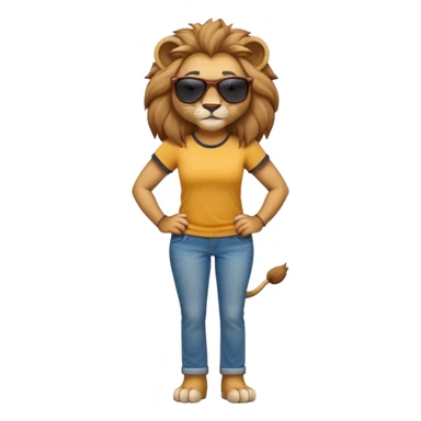 friendly anthropomorphised female lion character, full body, standing confidently with arms folded, wearing jeans, a t-shirt, and dark sunglasses, with a confident smile sticker