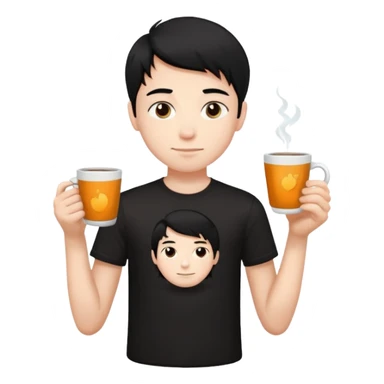 The boy teen have a black hair, and black T-shirt with a cup of tea. blue background  sticker