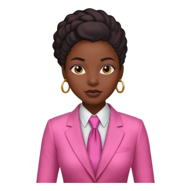 Darkskin black woman wearing a pink suit with a silk press sticker