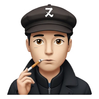 Retro 1920s man emoji: dark coat, flat cap, cigarette in mouth, face partly shadowed by cap. Moody industrial background. Add small "卍" symbol above head in Eastern philosophical style. sticker
