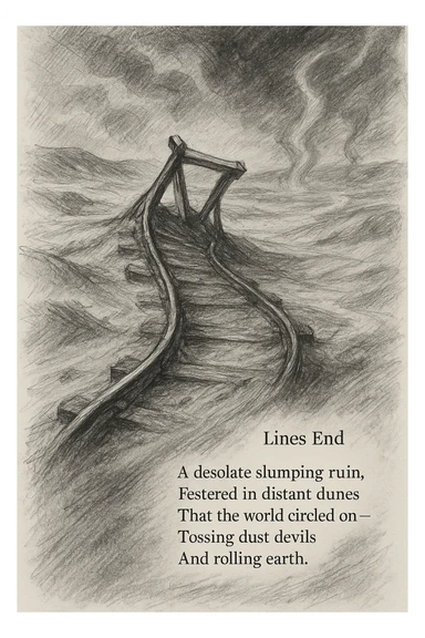 black and white pencil sketch inspired by the poem 'Lines End', showing a desolate, slumping railroad track ending abruptly in a barren landscape of dunes and sand, with twisted rails and a sense of ruin, vast empty wasteland background with wind, earth, and dust devils, dramatic lighting, no background clutter, include the verbatim poem text in a regular text font flowing along the bottom or side of the sketch sticker