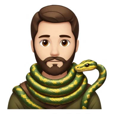 portrait man long brown hair brown eyes medium beard white skin with snake wrapped around neck calmly sticker