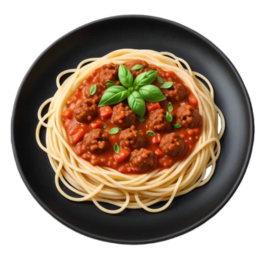 Spaghetti Bolognese on a black plate,nice basil on top sticker