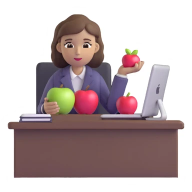 woman English teacher with brown hair, at a desk with an apple sticker