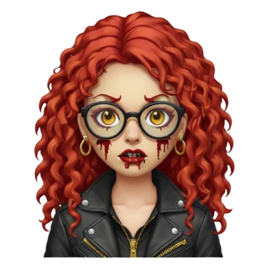 zombie girl emoji with long red curly hair, thick lashes, black glasses, gold nose piercings on each nostril, and a gold eyebrow piercing. sticker