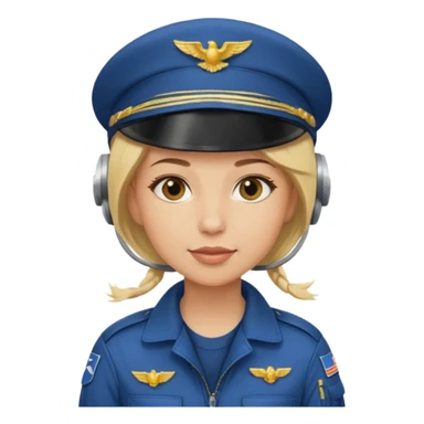 A female pilot with light skin and blonde hair under her cap sticker