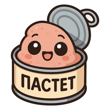 Minimal chibi open pâté can emote, visible pâté inside the can, big cute eyes, cheerful smile, thick black outline, flat colors, strong contrast, simple emoji sticker style, transparent background, Twitch emote optimized, Cyrillic text "ПАСТЕТ" clearly readable sticker
