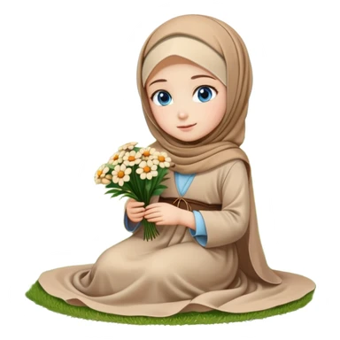 Turkish beautiful finish Konya girl blue eyes with beige flower hijab long tail dress and sits on the grass on the ground and hold beige flower on hand  sticker