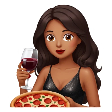 Beautiful woman in 1950’s woman fashion look, black shimmery dress, long dark brown hair, red wine, Pepperoni pizza sticker