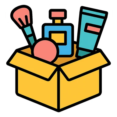 an opened box with various beauty items spilling out, including makeup, skincare, and perfume sticker