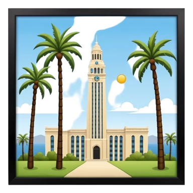 California Tower landscape in San Diego with palm trees, inspired by reference photo, simple style, apple style emoji, white background, no text sticker