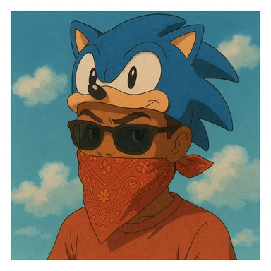 slick warm brown skinned boy with raised eyebrows, Sonic hat, sunglasses, and a bandana over his mouth, ghibli-inspired style sticker
