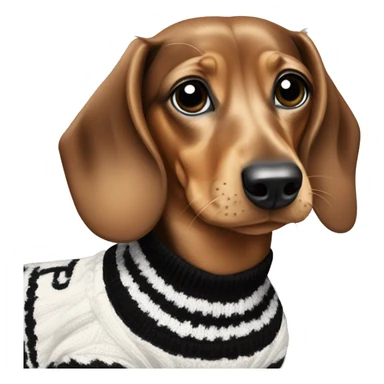 Dachshund wearing black and White Sweater with chanel Logo  sticker
