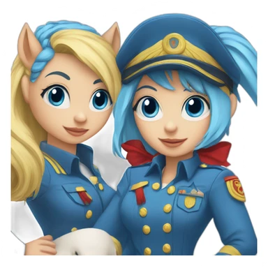 mysterious blue-eyed girl in uniform with red mask with two poney tails and blue hair sticker