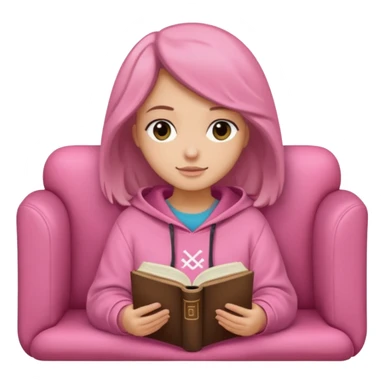 Una chica linda de cabello oscuro con ondas hasta los hombros de piel blanca con una sudadera rosa en un sofá cómodo y hermoso leyendo la biblia sticker