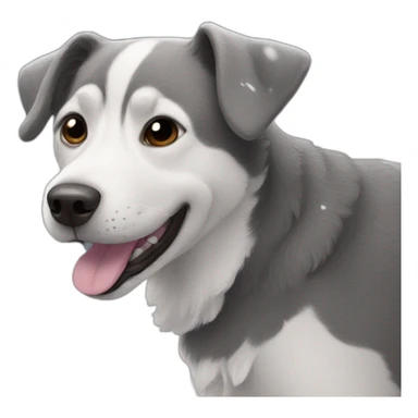 dog without breed, gray, on the background of snow, smiling sticker