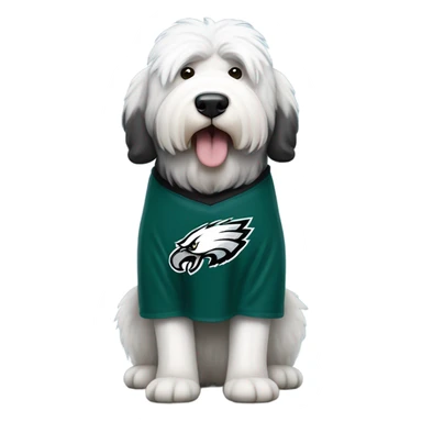 Old English Sheepdog full height wearing a Philadelphia Eagles shirt sticker