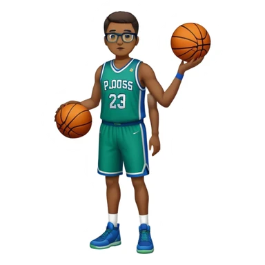 Full Body tall plus size white male with dark short hair basketball player wearing glasses wearing blue green uniform sticker