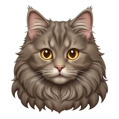 Cinematic Adorable Fluffy Grey-Brown Maine Coon Cat Portrait Emoji, Head tilted playfully and inquisitively, rich grey-brown fur with soft, flowing tufts, Simplified yet charming features, highly detailed, glowing with a warm, friendly glow, high shine, curious and affectionate, stylized with a touch of whimsy, bright and alert, soft glowing outline, capturing the essence of a mischievous yet loving kitten, so endearing it feels like it could pounce out of the screen with its fluffy tail swishing gracefully! sticker
