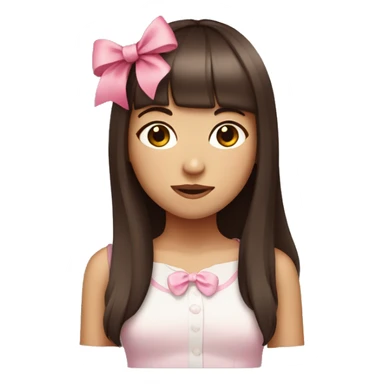 teenage girl with dark red straight hair and bangs with a pink bow in her hair sticker