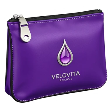 compact high-end purple supplement pouch with shiny silver highlights and simple droplet logo, VELOVITA RESERVE antioxidant product, contemporary premium look sticker