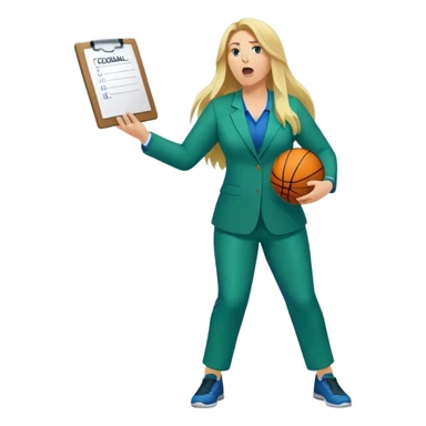 Full Body white plus size female basketball head coach yelling using a clipboard with long blonde hair in a blue and green suit sticker