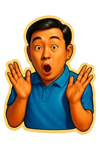 The same Japanese man looks at the viewer with a surprised look, and his hands are empty sticker