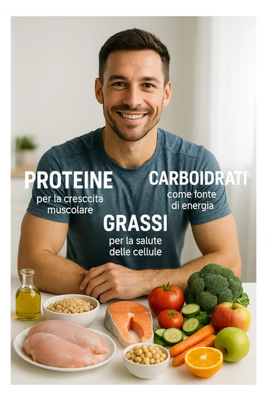 uomo che fa alimentazione attraverso i giusti macronutrienti. Scritte in ITALIANO immagine 4k realistica sticker