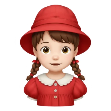 baby girl with brown hair and pigtails with a hat and red dress like My Neighbor Totoro movie sticker