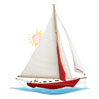 Sailing boat: white sail, white hull and red sun symbol on sail sticker