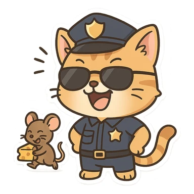 police cat with sunglasses, paws on hips, laughing at mischievous mouse stealing cheese in background, amused not angry sticker