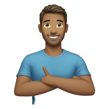 A portrait of a man with a middle part haircut holding the peace sign and he is happy and he has a blue t shirt. He is white sticker