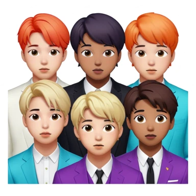 Cinematic Realistic group portrait of BTS featuring all 7 members in stylish modern attire, with detailed facial expressions and vibrant colors, captured in dynamic, contemporary lighting that emphasizes their global pop icon status sticker