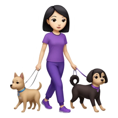 black hair Chinese woman wearing purple top and black pants walking one small brown dog sticker