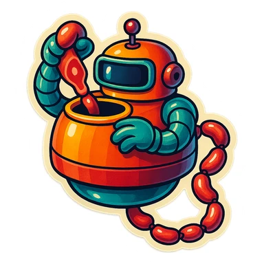 a robot that uses arms to put meat in large hole on top. sausage links come out robots rear. no legs on robot. robot hovers. robot feeds itself meat sticker