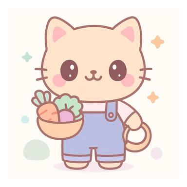 kawaii style cute farm cat wearing overalls and holding a basket of vegetables, pastel background sticker