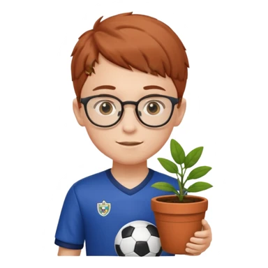 young boy wearing glasses, wearing soccer uniform, holding a plant pot sticker