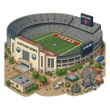 Изометричная, яркая, детализированная и фотореалистичная иллюстрация стадиона Cotton Bowl в стиле 3D-коллажей городов, насыщенные цвета, аккуратные и чёткие линии, мультяшно-реалистичная стилистика. Чёткие контуры, не размазанные линии, высокое качество, проверить написание букв, прозрачный фон, не обрезать края стадиона. sticker