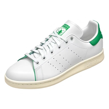 White and green Adidas Stan Smith sneakers with iconic green heel tab and perforated three stripes on the sides sticker