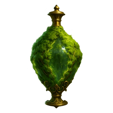 premium class crystal elixir bottle covered with living green moss, lots of glowing edges, ornate golden details, magical effects, very small golden neck, beautiful merging base, clearly floating in air, no base or shadow, very luxurious, natural, magical, fits collection, transparent background sticker