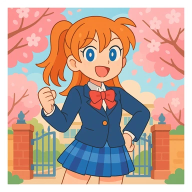 cheerful anime schoolgirl with orange hair, blue eyes, school uniform, spring cherry blossoms, confident pose, lively school gate background, Love Live! style sticker