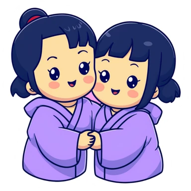 Two adorable Japanese girls with black hair and Asian features, their cheeks touching, kawaii style sticker