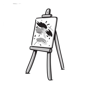 A wooden artist easel/painter's easel with a canvas in pastel colors (dd9fb0, ffc6d3, a3bfc9, c4bee2, f1b091), hand-drawn doodle style sticker